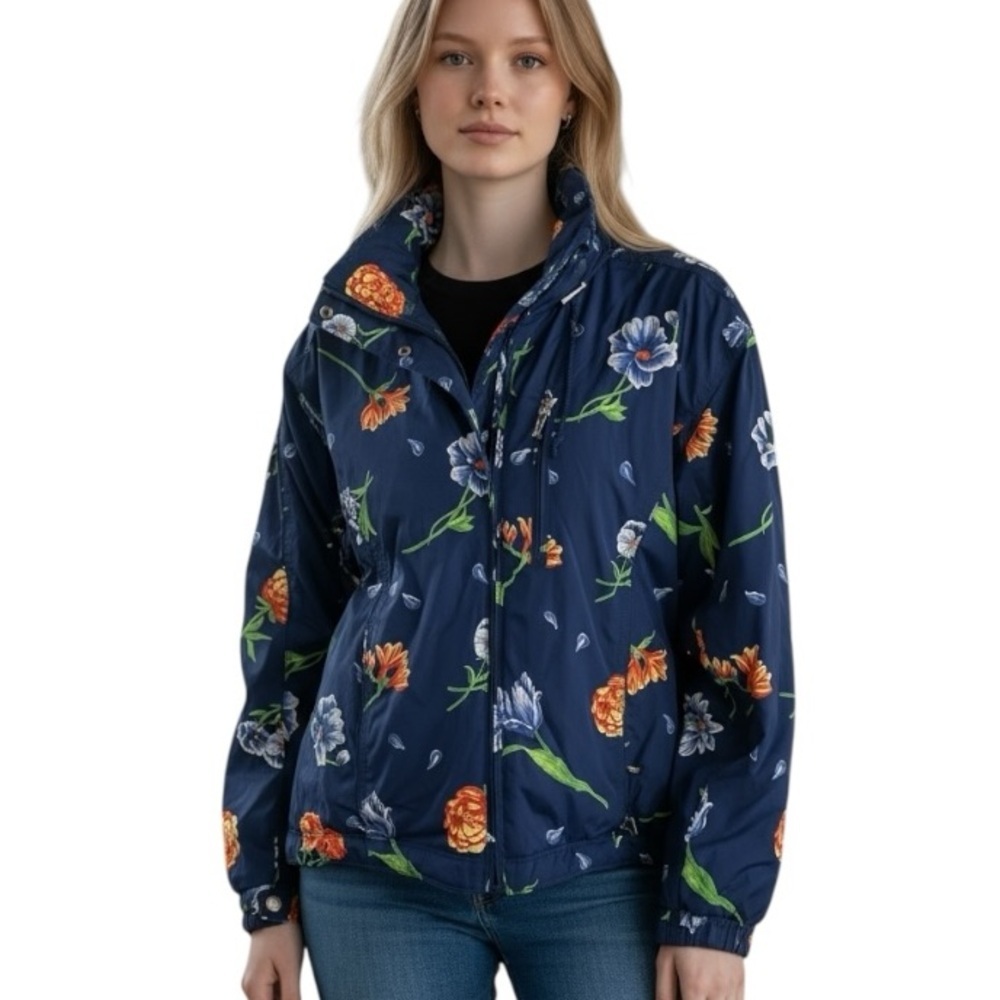 Obermeyer Iris Blue Floral Zip Front Insulated Ski Snowboard Hood Coat Women 12